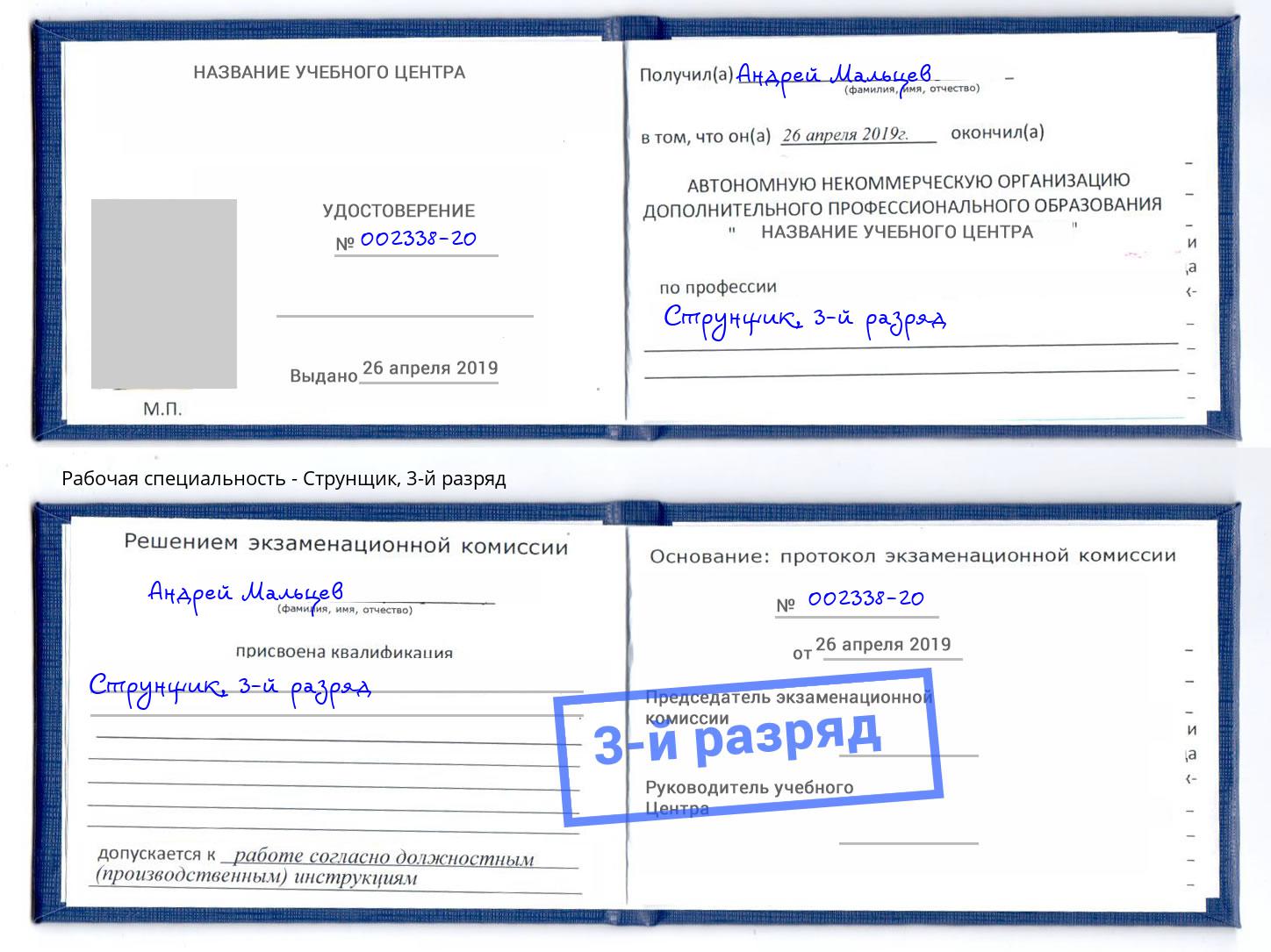 корочка 3-й разряд Струнщик Новокузнецк