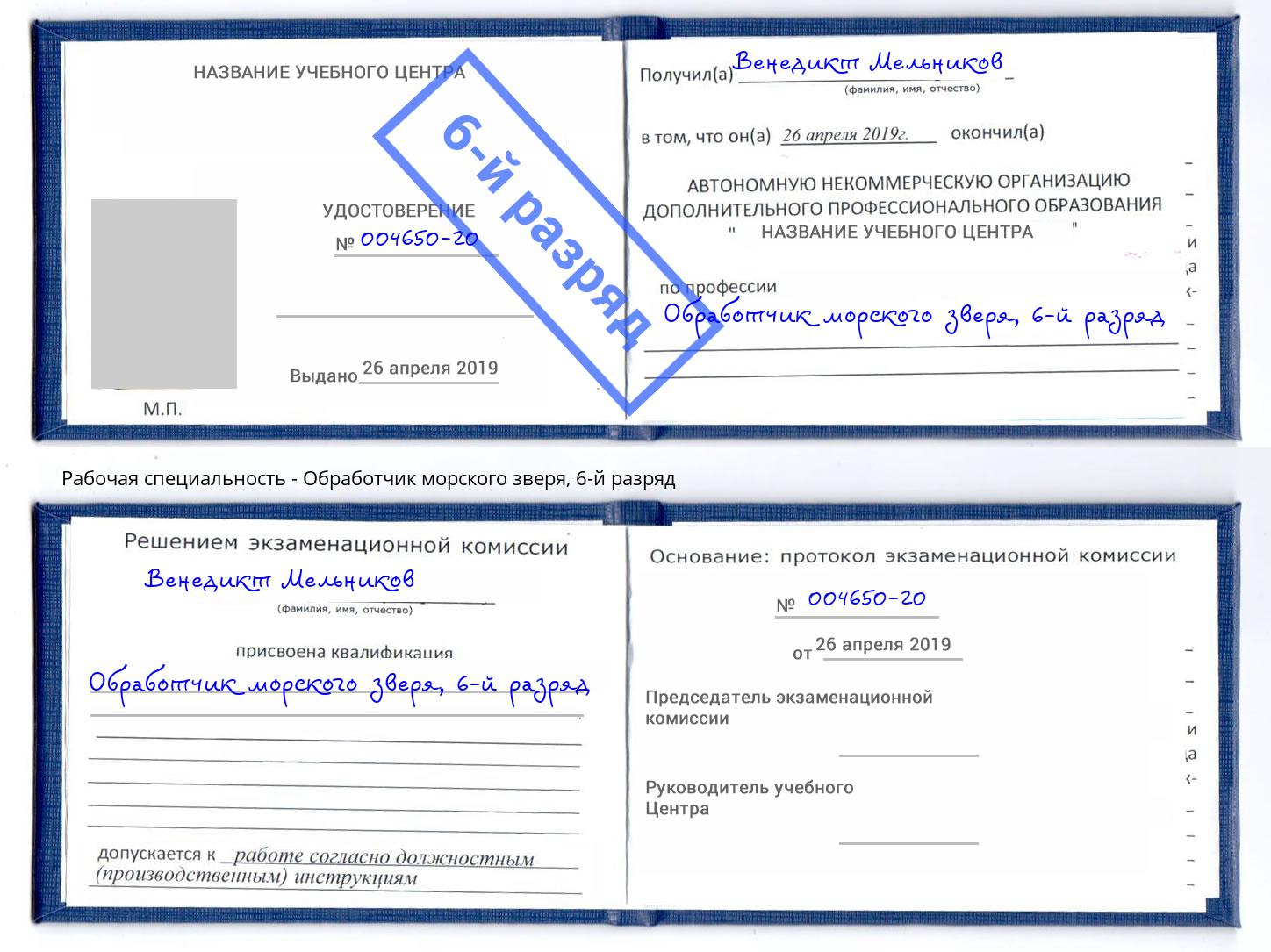 корочка 6-й разряд Обработчик морского зверя Новокузнецк