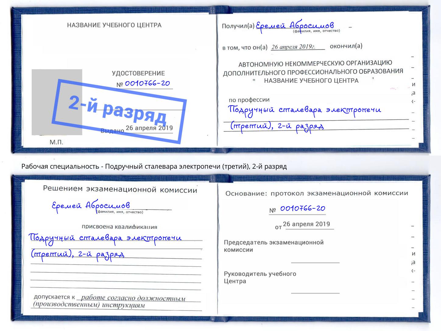 корочка 2-й разряд Подручный сталевара электропечи (третий) Новокузнецк