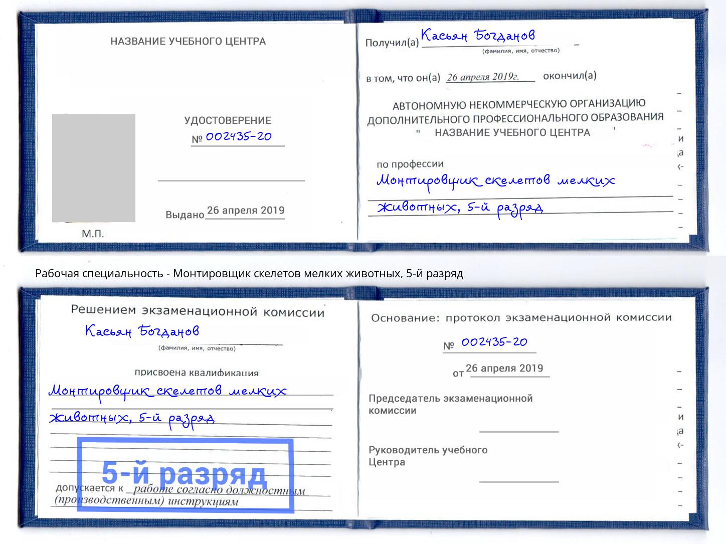 корочка 5-й разряд Монтировщик скелетов мелких животных Новокузнецк