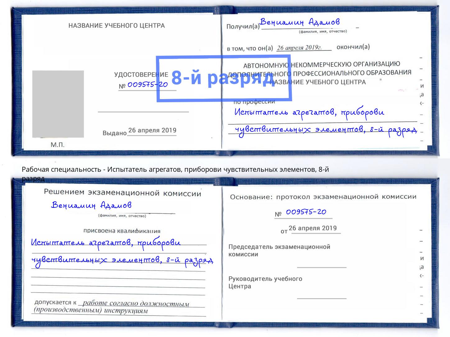 корочка 8-й разряд Испытатель агрегатов, приборови чувствительных элементов Новокузнецк